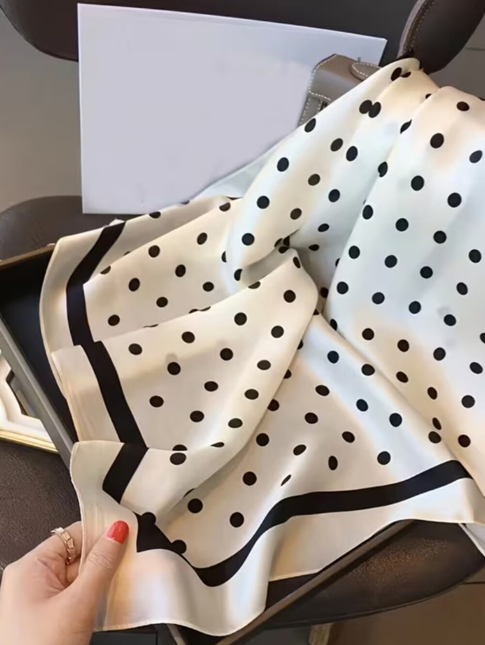 Silk-feel Classic Polka Dot S Scarf - Black on Cream Head Scarf , Neck Scarf